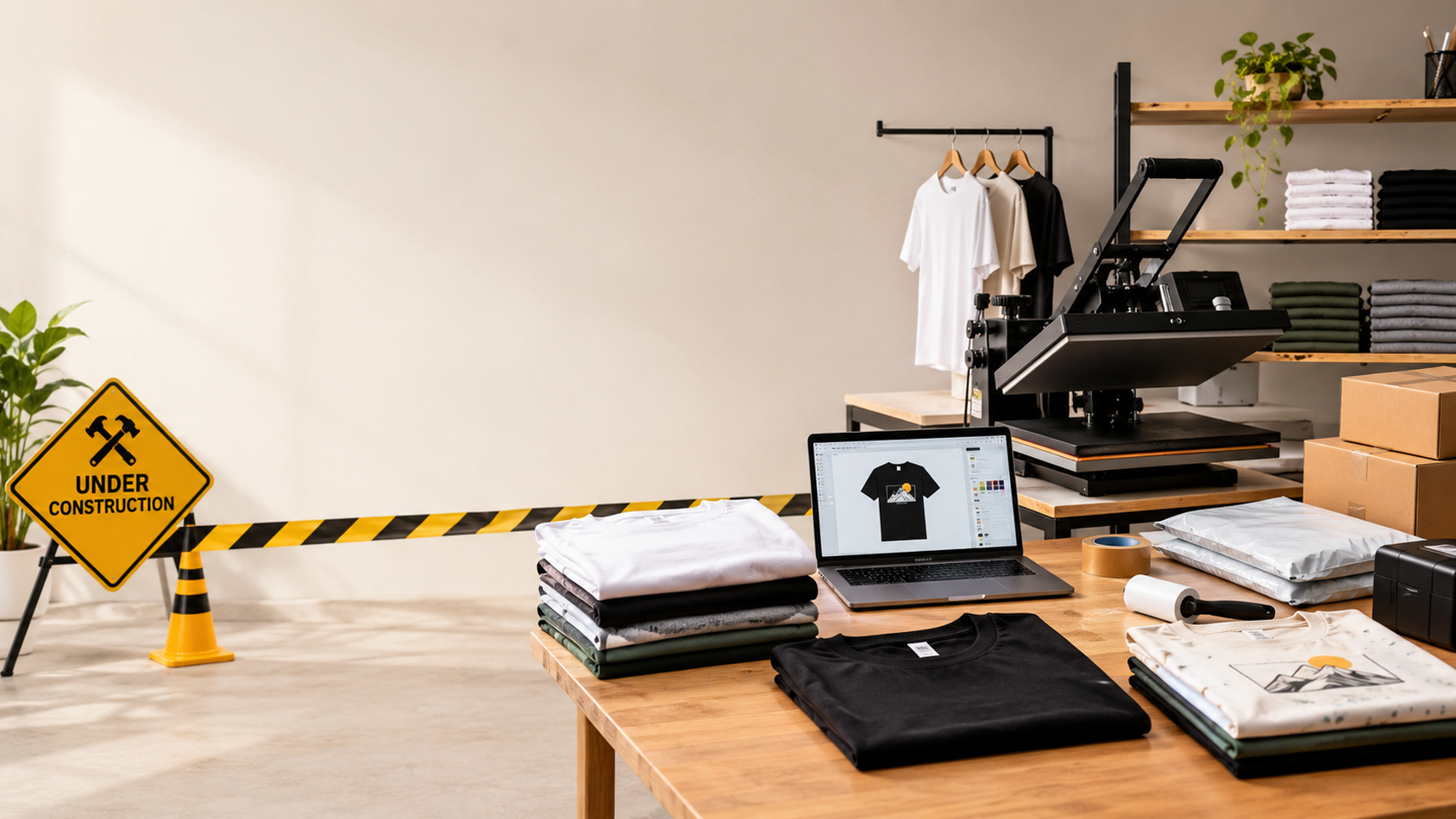 A sunlit T-shirt printing studio with original designs on a laptop, a heat press, hanging T-shirts, and folded clothing ready for customization.